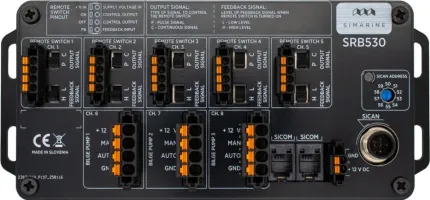 Distribution électrique avec 5 sorties 8A et 3 contrôles de pompes de cale 20A, avec protocoles SiCom et SiCAN, alimentation 12Vdc