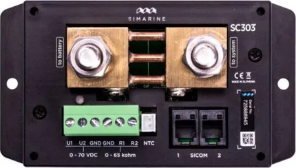 Shunt 300A avec interface pour sondes de niveau et température, relais inverseur d'alarme, protocole SiCom et alimentation de 6 à 35Vdc