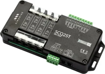 Shunt quadruple 4x25A avec interface pour sondes de niveau et température, avec protocole SiCom et alimentation de 6 à 35Vdc