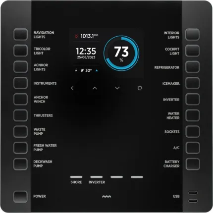 Tableau électrique NEREIDE 2L, composé d'un PICO et 19 boutons, avec interface pour sondes de niveau et température, avec extension tableau 230Vac, 2 ports USB-C. 6-35Vdc et réseau SiCom